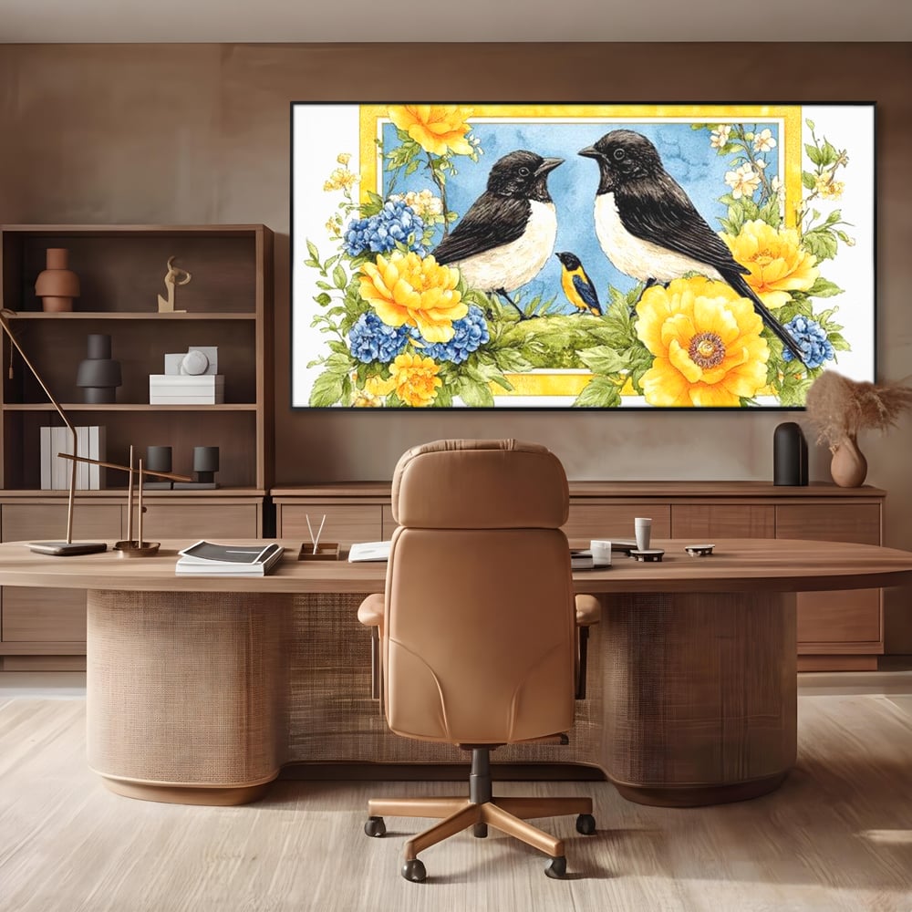 Tablou canvas cu tablou canvas cu pasari si flori, in rama de aluminiu negru, pe perete intr-un birou